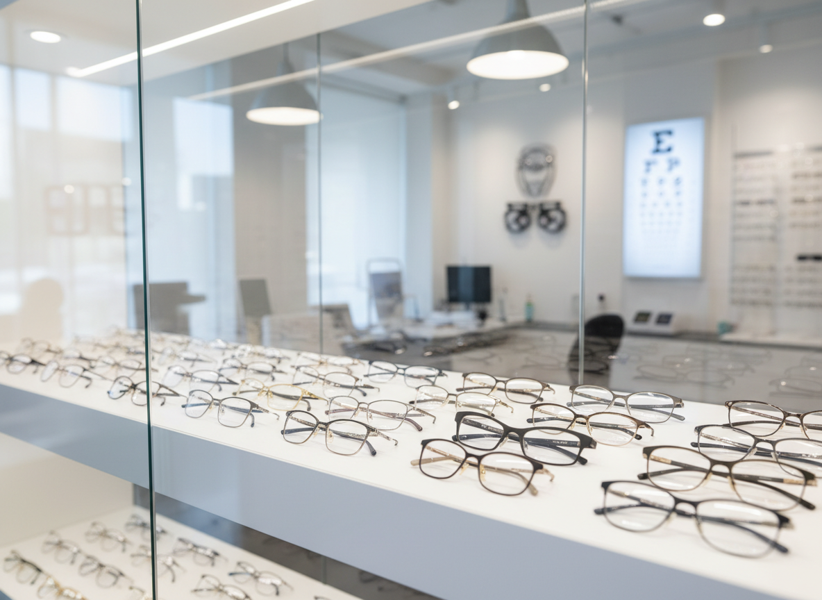 A sleek glass display of modern eyeglass frames arranged in precise rows on a spotless white shelf, each frame in neutral metals and subtle colors, showcasing contemporary, professional styles. The display sits within a clean, bright optometry office environment, with soft reflections of organized equipment and eye charts faintly visible in the background. Diffused overhead warehouse-style lighting mixes with gentle natural light from unseen windows, creating crisp highlights on the lenses and arms. Photographed at eye level with a slight three-quarter angle and shallow depth of field, the front row of frames is in sharp focus while the background softly blurs, conveying a calm, trustworthy, and clinical mood in a photographic realism style ideal for a professional optometry website.